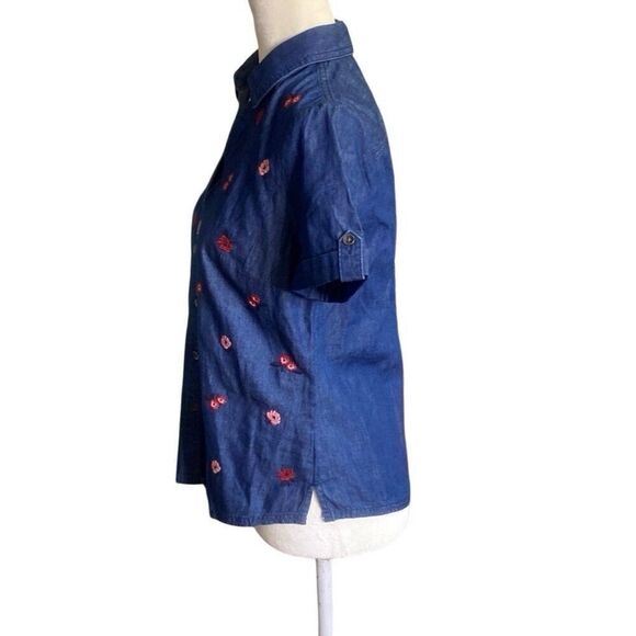 Karen Scott Women Short Sleeve Button Up Embroidered Chambray Denim Top Sz PS - Picture 3 of 7
